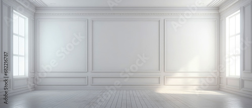 White apartment template. Wall background with moulding panels. Minimal interior mockup. Generative ai