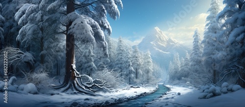 In the heart of the winter woods, a lone pine tree stands tall as the snow-covered road bends gently through the silent forest, its icy path inviting a peaceful stroll.