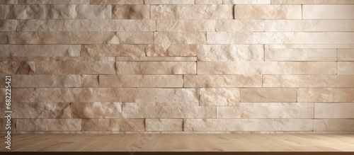 The natural beige stone wall showcased a detailed rectangle texture with a smooth marble surface that added an elegant touch to the material.