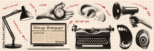 Vintage halftone collage. Breaking news concept. Laptop, lamp, typewriter, ear, and other trending elements in retro pop style. 