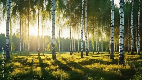 birch forest in sunlight in the morning, natural landscape background