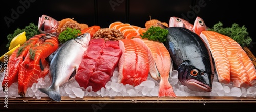 At the retail store market, the closeup display of fresh food showcases a wide variety of seafood, including salmon, trout, cod, tilapia, and haddock fillets from the farm.