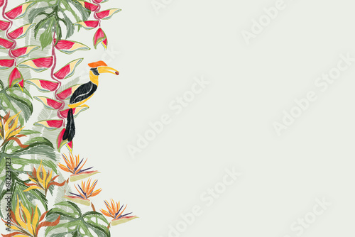 Tropical summer background banner border frame. Tropical jungle hornbill bird. Vector illustrations