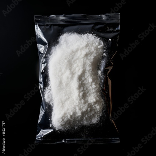 A Bag of Mysterious White Powder on a Sleek Black Background