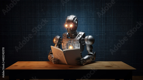 Artificial intelligence algorithm training or AI system update with robot sitting at desk and reading an instruction manual