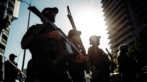 Silhouette of men in camoflage clothing holding automatic rifles guns, terrorists , comandos or paramilitary concept