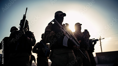 Silhouette of men in camoflage clothing holding automatic rifles guns, terrorists , comandos or paramilitary concept