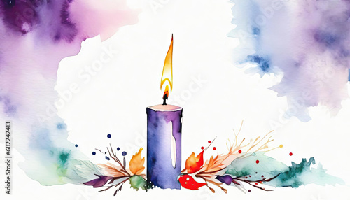 Beautiful christmasa advent candle painting with copy space in purple and green on white