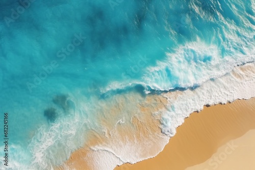 Summer seascape beautiful waves, blue sea water in sunny day. Top view from drone. Sea aerial view, amazing tropical nature background. Beautiful bright sea waves splashing. generative ai.