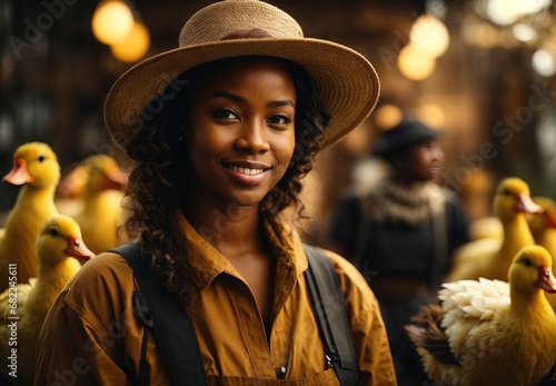 Beautiful black women become duck farmer, ranch duck on the background