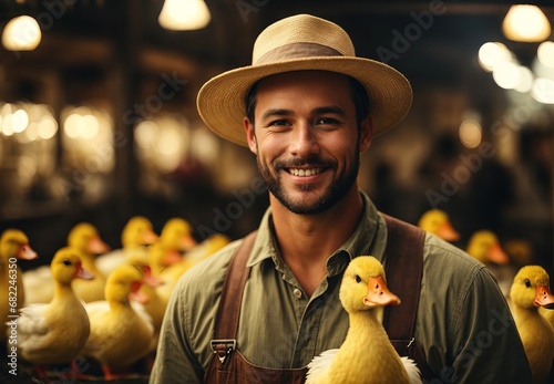 Handsome white men become duck farmer, ranch duck on the background