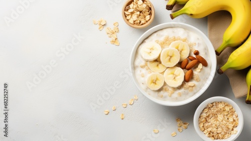A bowl of creamy oatmeal with sliced banana, honey, and chopped walnuts