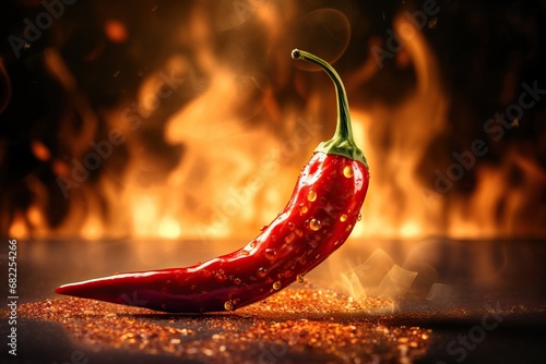 Red chili pepper close-up in a burning flame on a black