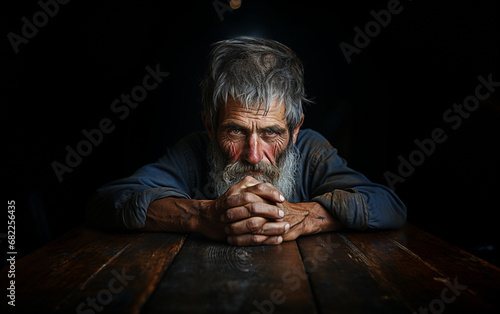 stary mężczyzna z brodą, wąsami, pomarszczoną twarzą zmęczony, poważny siedzi przy stole trzymając razem dłonie