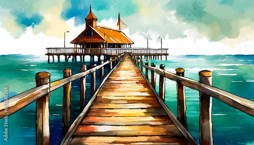 Waterfront pier in gouache with white background