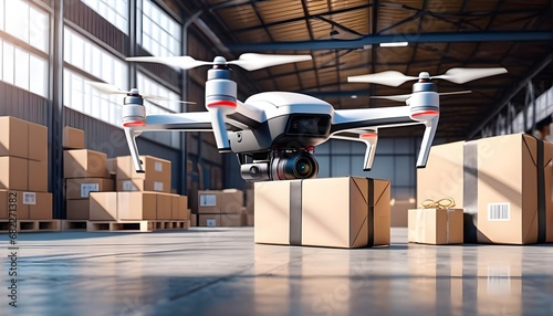 Eine Drohne in einer Lagerhalle mit Paketen - Neuer Art des Transportes