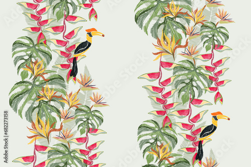 Floral seamless pattern with birds. Flower motif Tropical oriental pattern with hornbill bird jungle design with bird of paradise heliconia and leaf. Vector illustration spring summer. 