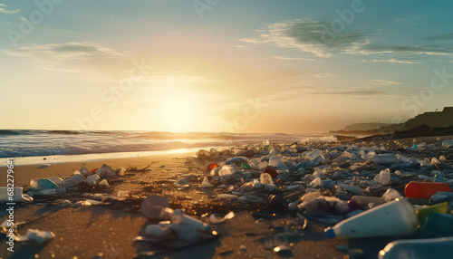 The beach at sunset is full of garbage and plastic