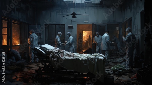 Scene of a dark war hospital, doctors with masks in the rubble with patients on stretchers tending to the wounds of the patients.