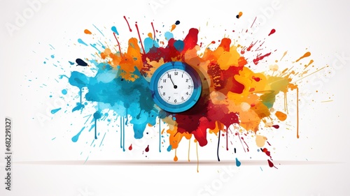 Abstract art composition, stain with many colors on white background with clock elements