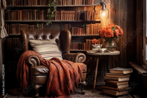a cozy reading nook with a vintage armchair and stacked books