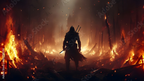 AI generated Illustration of a Warrior in a Fiery Battlefield
