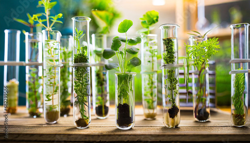many green plants in test tubes generative ai