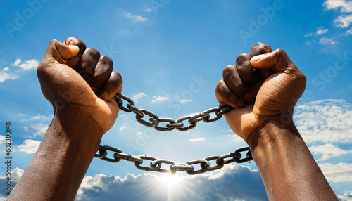 male hands break the chains on blue sky background with copy space freedom concept