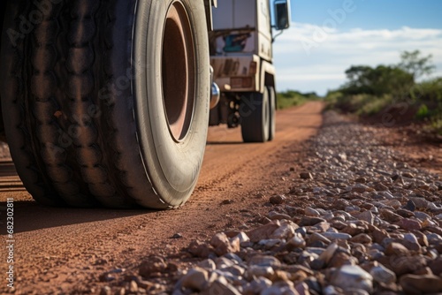 close-up shot of a cargo truck tire on a gravel road