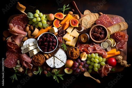 A diverse charcuterie board adorned with an array of gourmet snacks