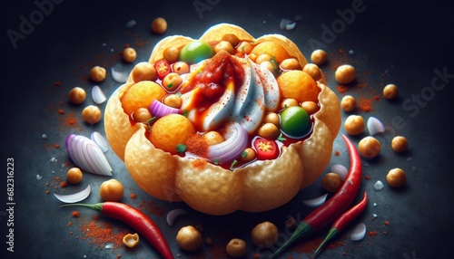 A realistic high-resolution photograph of Pani Puri, featuring crisp hollow spheres filled with flavored water, tamarind chutney, and a mix of potato, onion, and chickpeas.