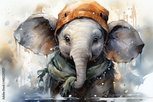  a painting of an elephant with a hat and scarf on it's head, wearing a scarf and a scarf around its neck, standing in front of a body of water.