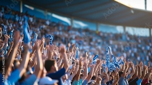 group of fans dressed in blue color watching a sports event in the stands of a stadium