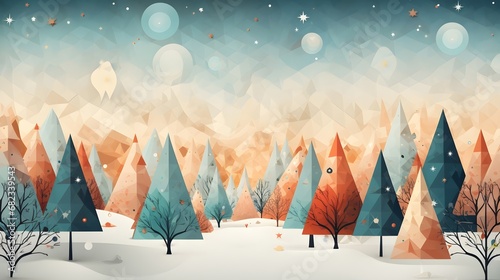 Christmas winter scene with fir trees, snowflakes and stars, greeting postcard