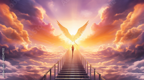 3D rendering of a woman or angel going to heaven. Beautiful sunset with clouds.