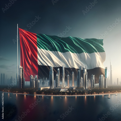 UAE flag flying. UAE National Day illustration. AI Art Generated.