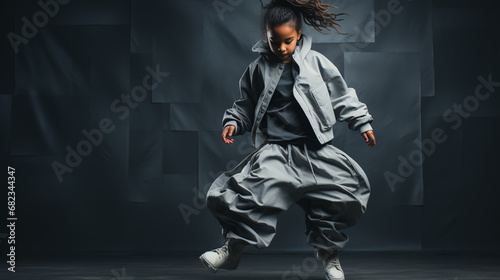 little break dancer showing his skills on grey background. Hip hop dancer kid performing isolated over dark background
