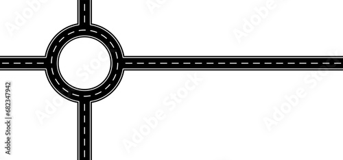 Roundabout, intersection. Winding road. Curved road with white markings. Asphalt roadway with turns. Curve way or asphalt highway or city street. Winding route, rotunda. traffic circle, congestion.