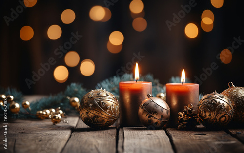 stół z ozdobami świątecznymi, karta na życzenia bożonarodzeniowe, nory rok