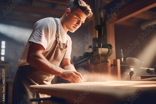 Young caucasian male carpenter working in woodworking workshop