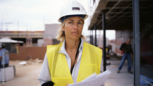 femme cheffe de chantier avec casque et gilet de sécurité (équipement individuel de sécurité) en visite sur un chantier de construction en extérieur