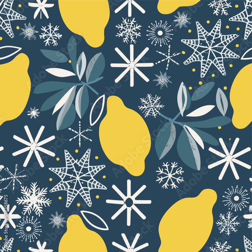 Vector christmas pattern with citrus fruits lemons and snowflakes on a blue background. 2024 New Year's fashion ornament for fabric, paper, textiles, notepad, children clothing, postcard.