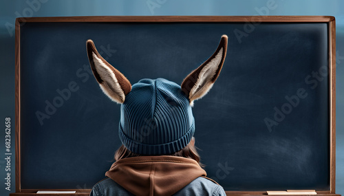 Enfant, élève avec un bonnet d'âne, devant un tableau noir d'école, échec scolaire dans l'enseignement et l'éducation à l'école - IA générative