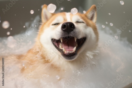 A happy dog takes a bath with foam and soap bubbles in pet grooming salon. Caring for the charming redhead Shiba Inu. Generative AI.