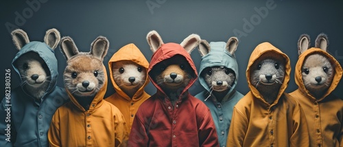 Isolated against a grey backdrop is a portrait of a group of humorous people wearing masks of animals. group of students or workers from the company enjoying fun together.