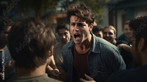 High school bully yelling at kids crowded outside school environment. Angry. Concept of Intimidation Tactics, Bullying in Public, Schoolyard Conflict, Aggressive Behavior, Intense Verbal Abuse.