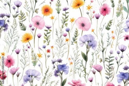 Seamless pattern with watercolor flowers. Hand drawn illustration, Watercolor floral seamless pattern with colorful wildflowers and leaves, AI Generated