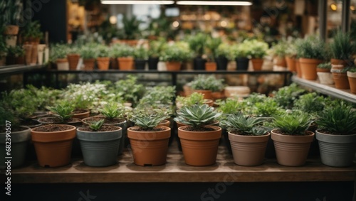 Beautiful succulent plants in pots on shelf at flower shop.