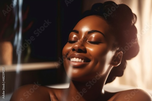 Black woman spa relax happy smile. Female skin beauty massage. Generate Ai