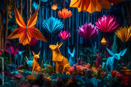 A whimsical and colorful paper art installation in a fantasy forest, with oversized origami animals, vibrant flowers, and cascading waterfalls